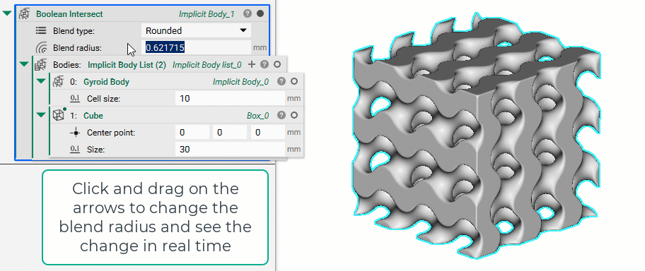An example of changing the blend radius of a gyroid body. The example showcases the GPU Acceleration feature.