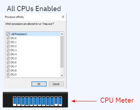 The processor affinity menu for selecting which CPUs are enabled. The image shows all CPUs enabled.