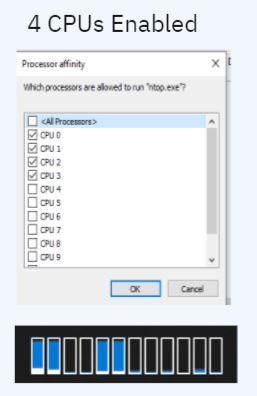 The processor affinity menu for selecting which CPUs are enabled. The image shows 4 CPUs enabled.