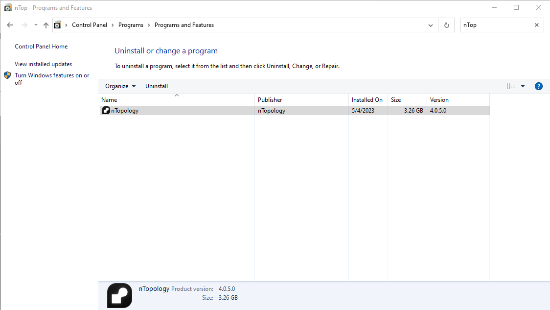 The control panel open to the programs and features sub menu. Here you can uninstall nTop.