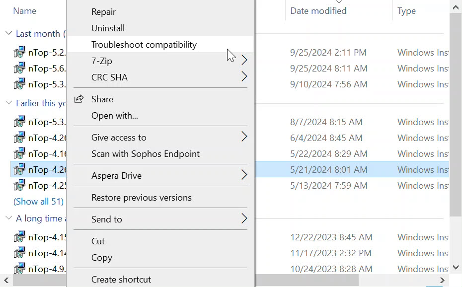 Right Clicking the installer in the File Explorer allows you to run the Troubleshoot Compatibility feature in Windows.