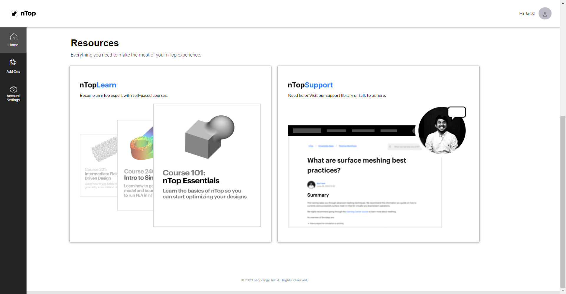 The home page also has resources to help you learn nTop.