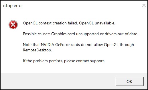 An nTop error stating that the OpenGL context creation failed, OpenGL unavailable.