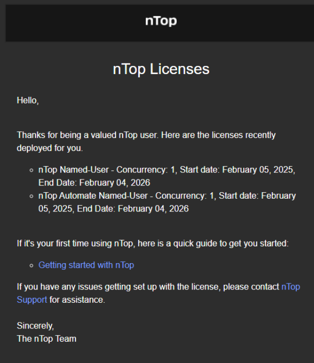 An example email of when nTop licenses are deployed.
