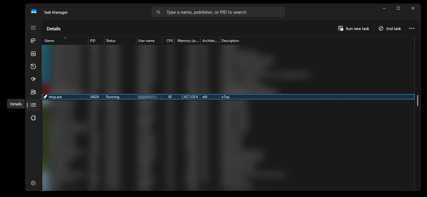 Task Manager open with the details tab shown. The ntop.exe is highlighted.