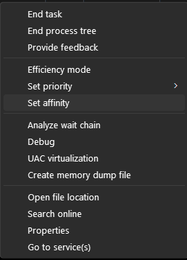 The right click sub menu with Set affinity highlighted.