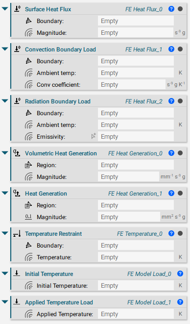The Surface Heat Flux, Convection Boundary Load, Radiation Boundary Load, Volumetric Heat Generation, Heat Generation, Temperature Restraint, Initial Temperature, and Applied Temperature blocks.