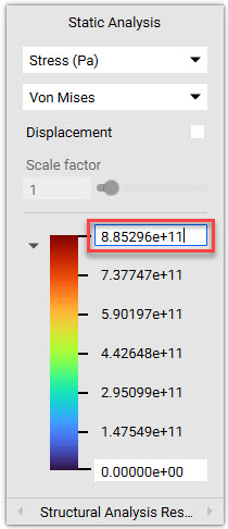 The Heads Up Display that appears after running a simulation in nTop. The image highlights the editable top and bottom values of the display range. These values can be changed to better show the simulation results.