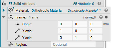 An FE Solid Attribute block with an Orthotropic Material block in its Material input. There is a Frame specified in the Frame input