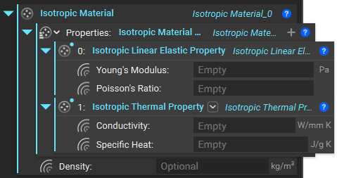 An Isotropic Material block that contains an Isotropic Linear Elastic Property block and an Isotropic Thermal Property block nested inside.