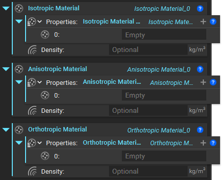 An image showing the available material blocks in nTop. The 3 material blocks are the Isotropic Material, Anisotropic Material, and Orthotropic Material blocks.