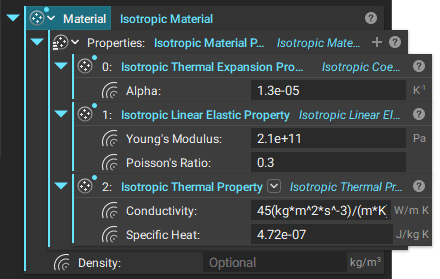 An example Isotropic Material that includes a Thermal Property, Linear Elastic Property, and Thermal Expansion Property