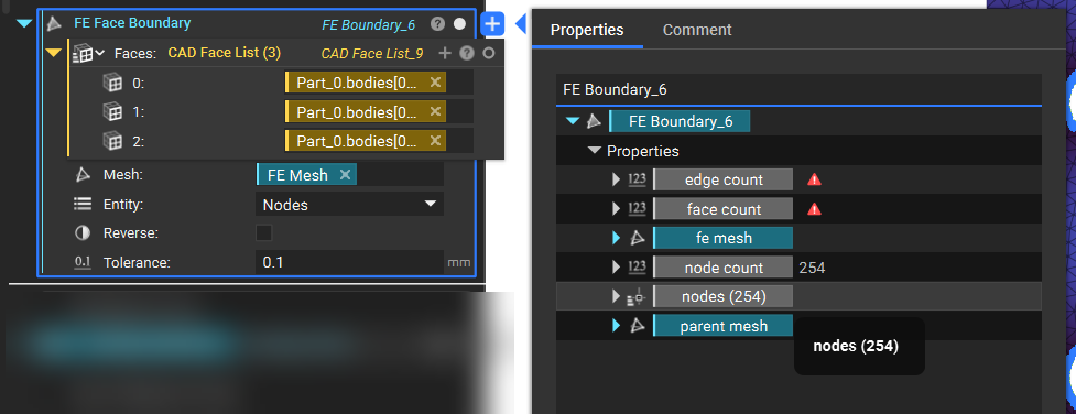 A FE Face Boundary block, its properties panel is expanded to show the nodes property chip.