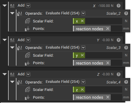 The same Evaluate Field setup created in the previous step, but for the Y and Z directions as well. Each Evaluate field block has been placed in its own Add block. The result of the Add block is the reaction force in each direction.