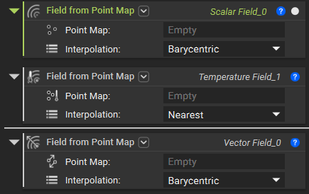 This image shows the 3 possible overloads for the Field from Point Map block. Each overload can accept a different input Point Map. The three Point Map input types are Scalar Field, Temperature Field, and Vector Field.