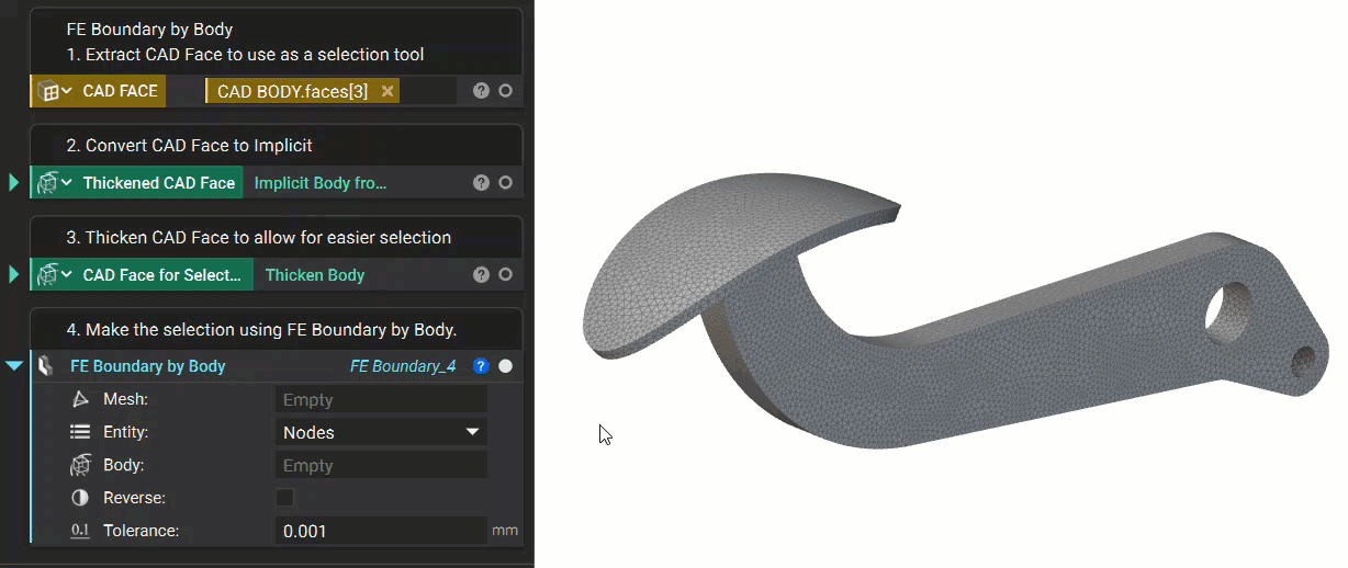 A gif showing the ntop notebook and a brake pedal model. The gif is demonstrating how to use the FE Boundary by Body block, and how changing the inputs affects the results.