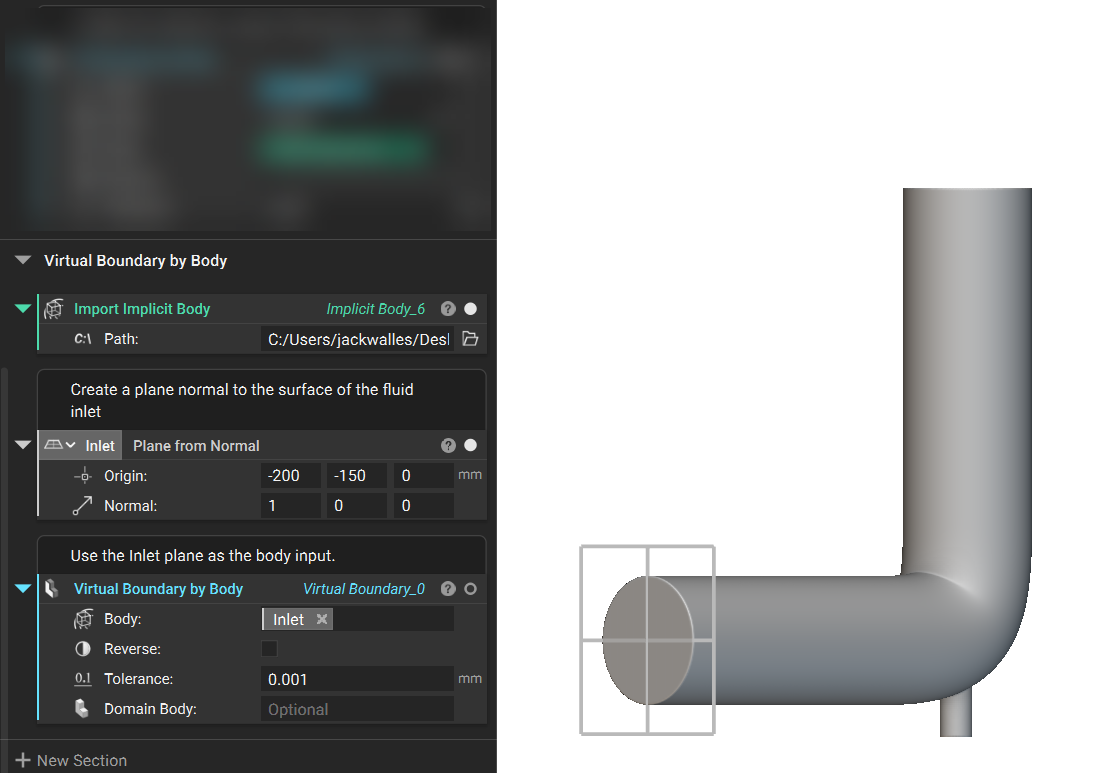 An image showing the nTop notebook and a pipe model. The pipe model is imported using the Import Implicit Body block. There is a plane on the surface of the pipe inlet that is created from the Plane from Normal block. There is a Virtual Boundary by Body block that is being used to define the Inlet boundary using the plane.