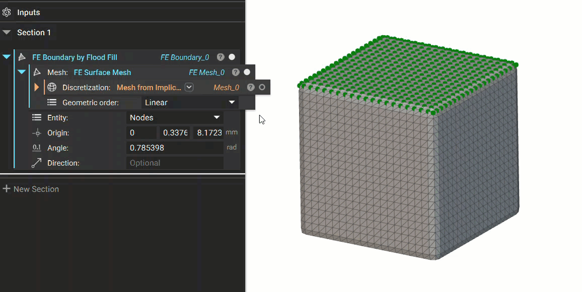 A gif demonstrating how the origin input affects the boundary selection for the FE Boundary by Flood Fill block. The gif shows the origin being moved to select different faces of a cube.
