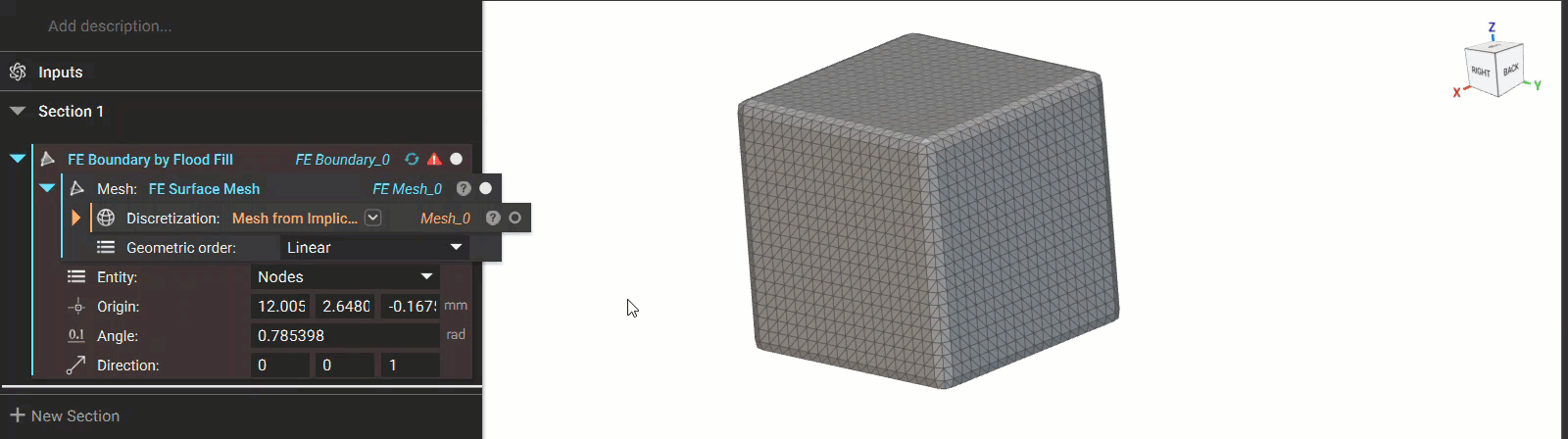 A gif demonstrating how the vector of the direction input affects the boundary selection for the FE Boundary by Flood Fill block.