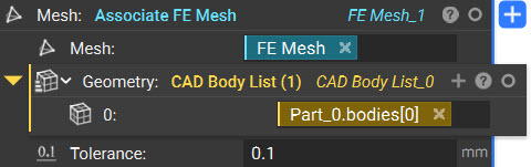 The associate FE Mesh block utilizing an FE Mesh and a CAD body