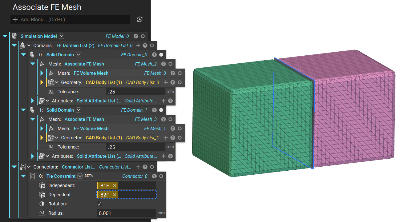 The ntop notebook and two mesh models. The image is showing how to use the Associate FE Mesh block and a Tie constraint block to create a valid simulation model.