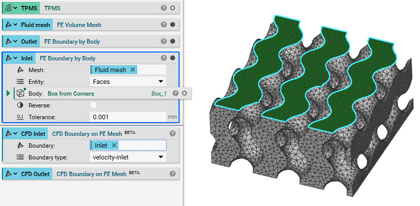 An image showing how to use FE Boundary by Body blocks to select portions of a mesh at inlets and outlets. The Inlet and Outlet boundaries are then used for the CFD Boundary on FE Mesh blocks to specify the boundary type.