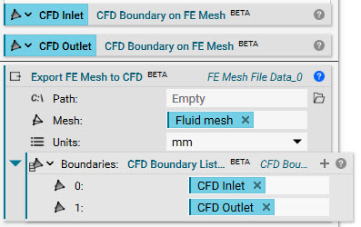 Using the Export FE Mesh to CFD block to export the CFD boundaries that were just created at the defined inlet and outlet