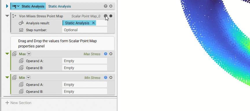 A gif showing how you can find the minimum and maximum values of a static analysis. The analysis results are converted into a Von Mises Stress Point Map. Then the list of values of that point map are placed into Min and Max blocks. These block automatically determine the min and max values based on the data set.