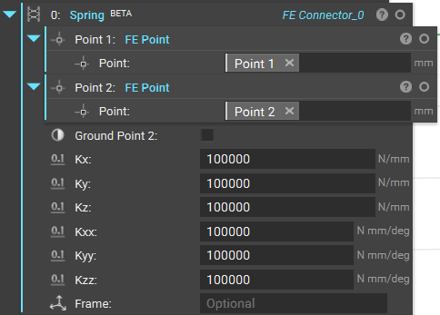 An example nTop notebook setup for two points using the Spring block. Each FE Point is its own Solid Domain, and then the two FE Points are inputs for the Spring block.