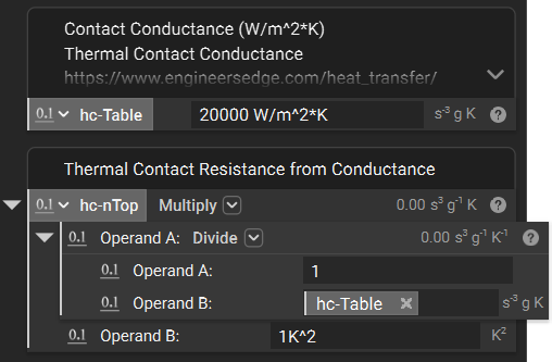 Using values from the articles conductivity table, we can create the thermal contact resistance variable.