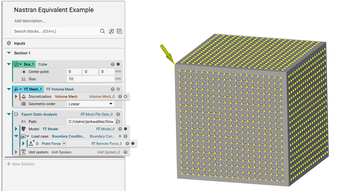 An example static analysis with one applied Point Force boundary condition.