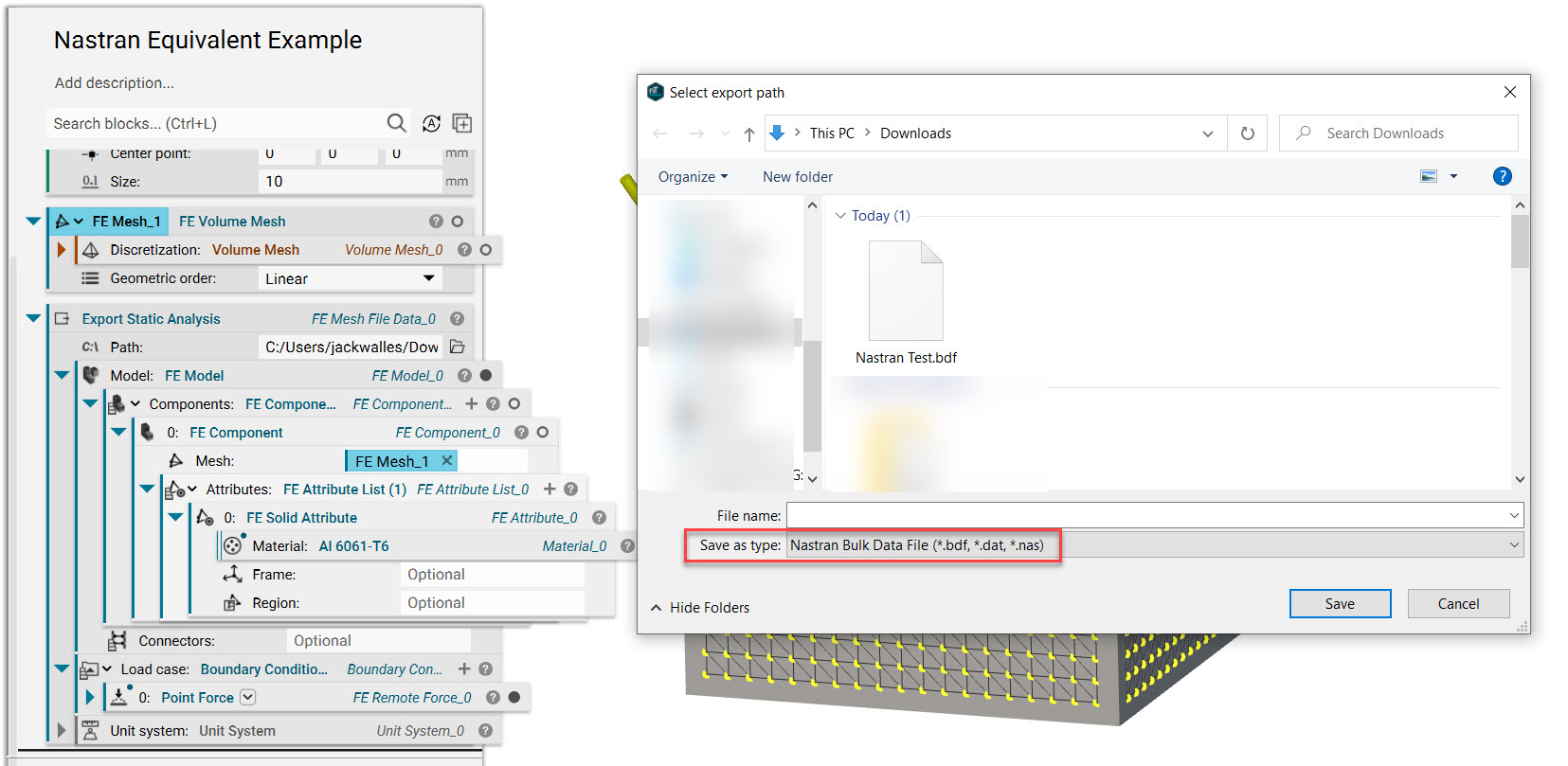 Export the static analysis using the Export Static Analysis block. Save the results as a Nastran file type