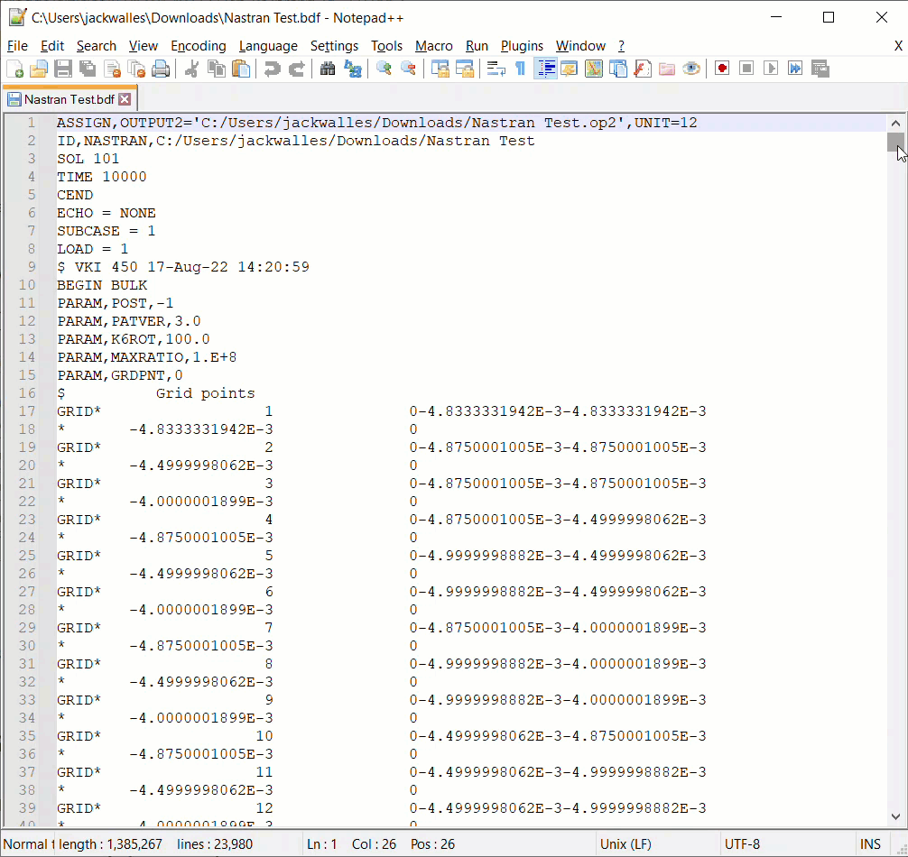 A gif showing how to find the nastran classification for the Point Force block. You scroll down in the text document until the point force information is reported. The classification in this example is RBE3.