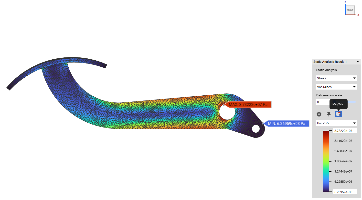 An image of static analysis results on a brake pedal model. The image is highlighting how you can use the Min/Max button in the analysis results HUD to identify the minimum and maximum points of the selected results.