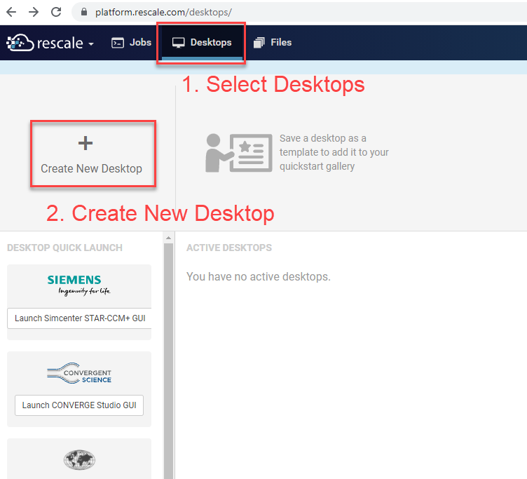 The Rescale Desktops menu. The image is highlighting the Create New Desktop button.