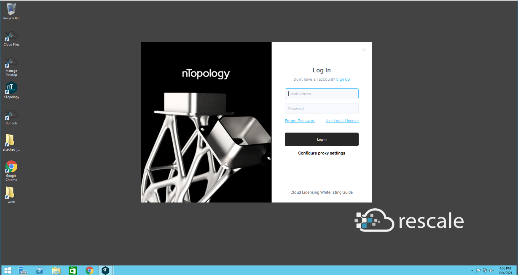 A virtual rescale desktop with the nTop login window open.