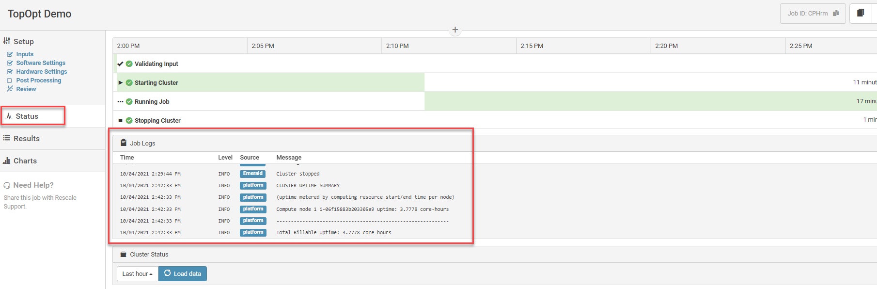 The status tab of the batch job. This page shows a Job Log indicating when items are running and completed.