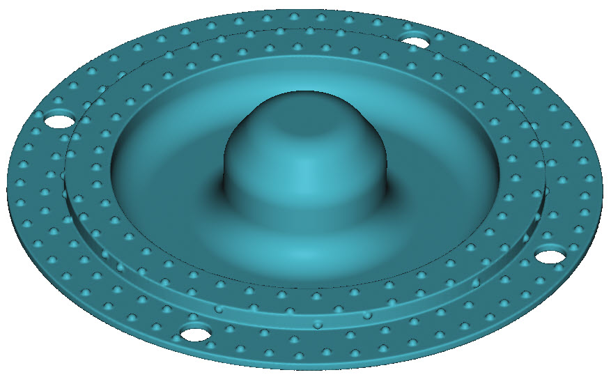 An implicit body with spheres placed at each of the random point locations. The spheres have been merged with the implicit body to create a bumpy textured body.