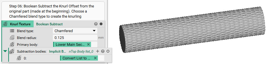 The knurled texture implicit body created by subtracting the periodic lattice from the original implicit body.