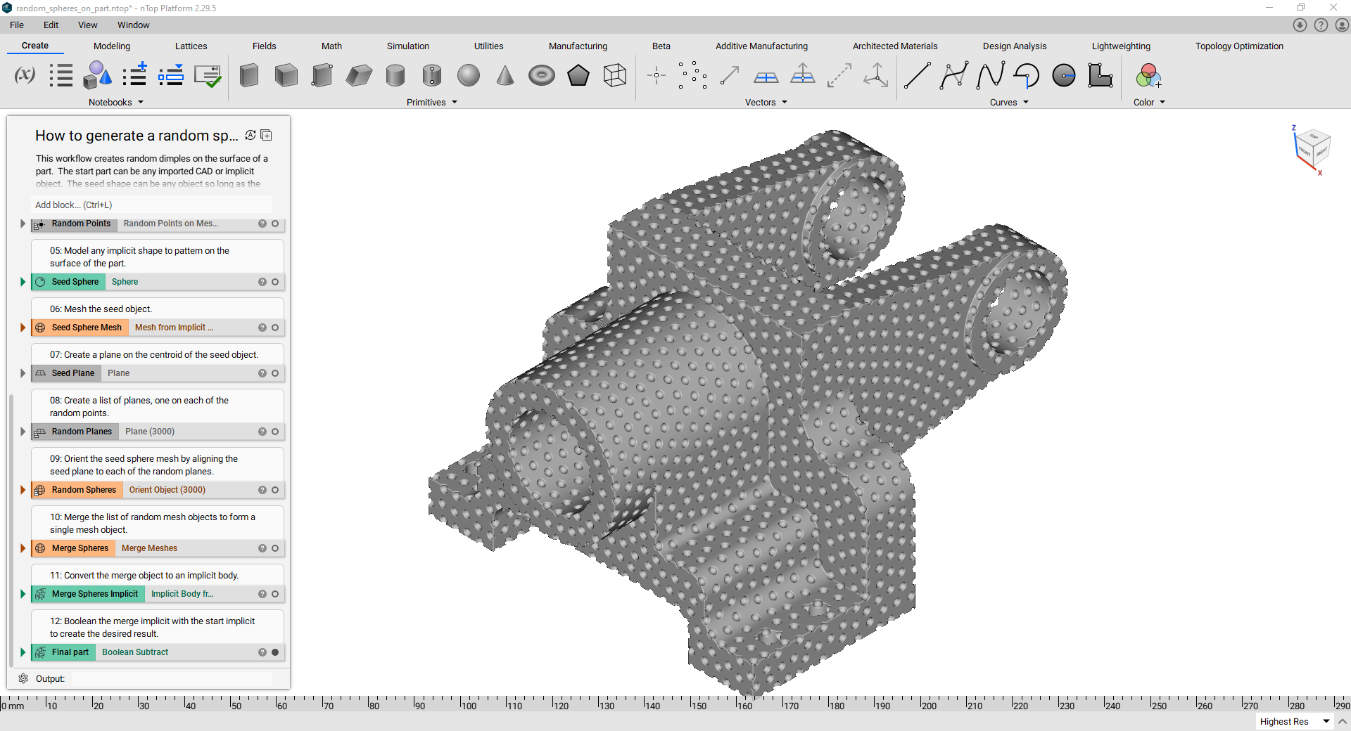 A body with dimples applied. The dimples are created by subtracting the surface spheres from the original body.