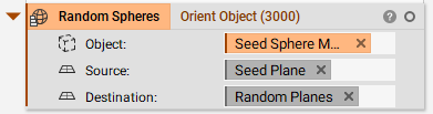 The Orient Object block being used to place 3000 spheres at planes on the surface of a body.