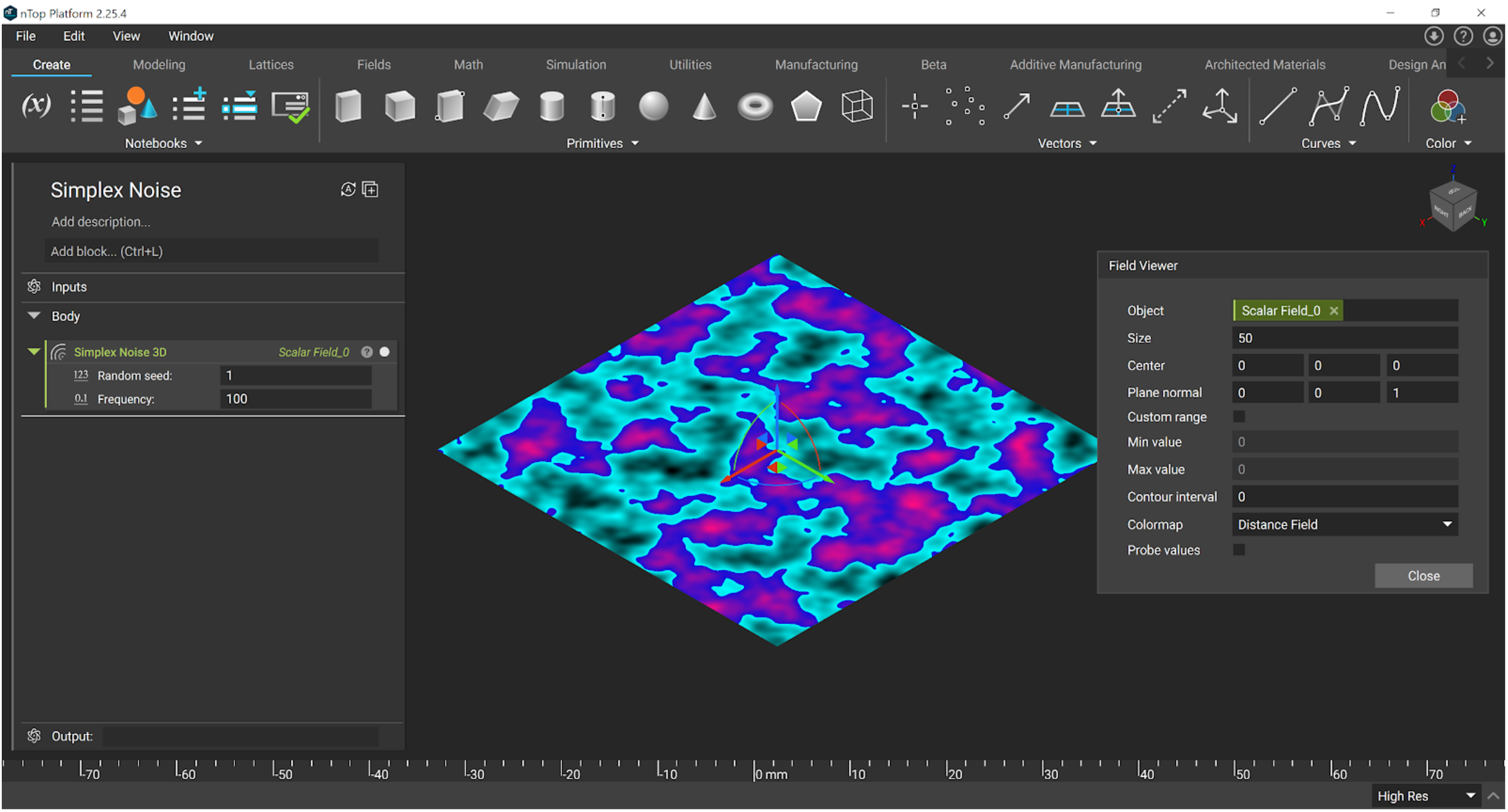The field view of the Simplex Noise 3D block with Frequency set to 100