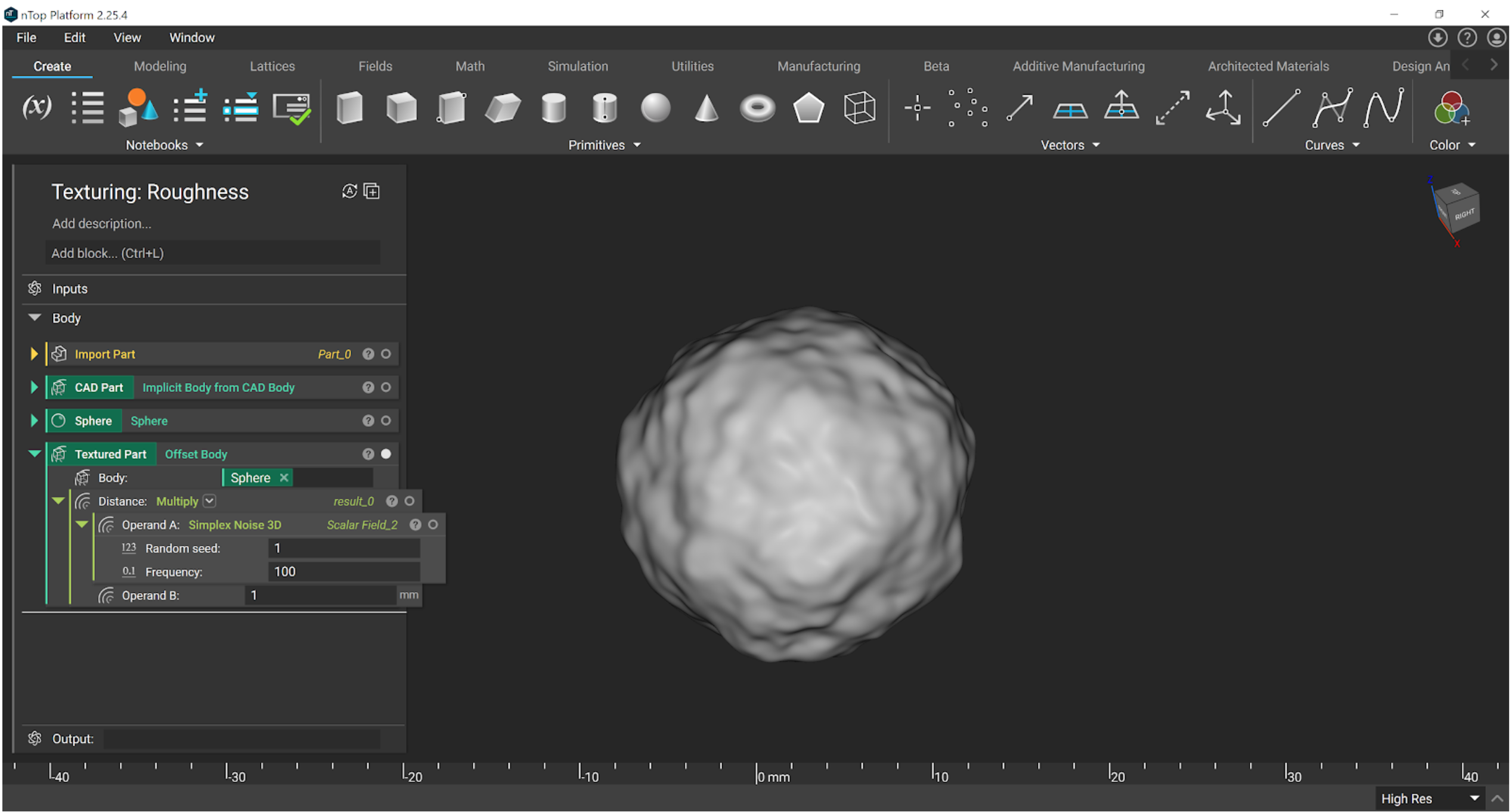 A sphere with texture applied to create a rough surface.