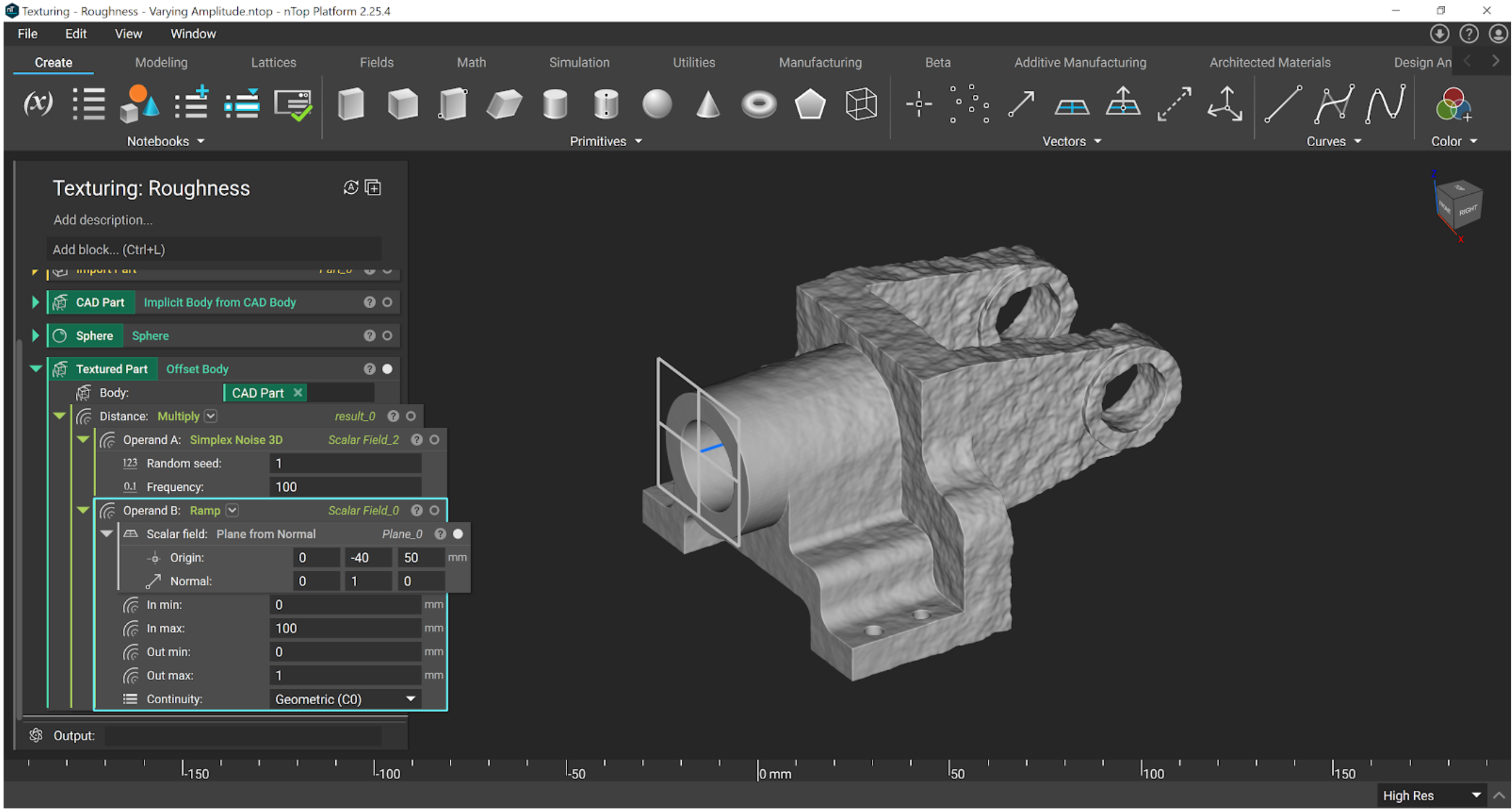 Using a Ramp block, the texture depth can be applied as a gradient that increases over the course of the body. The surface is smoother towards the starting reference plane and becomes increasingly rougher as the distance from the plane increases.