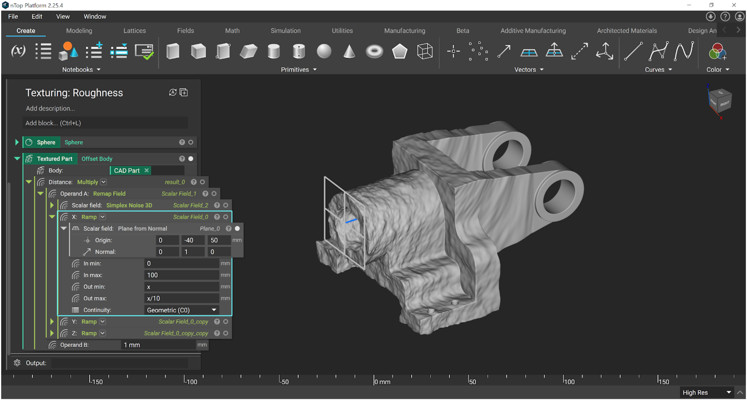 An example of how to vary the texture frequency on a part using multiple ramp blocks and a simplex noise block.