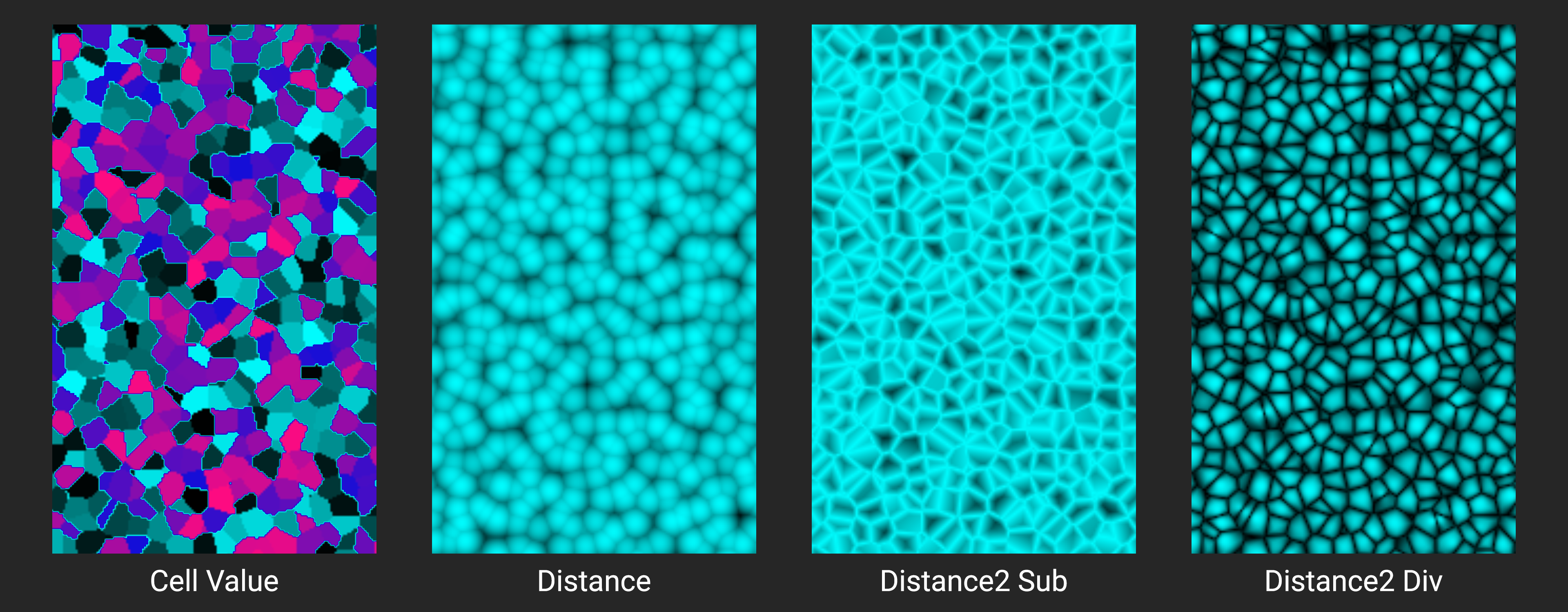 4 examples of the visualized field of the Cellular Noise 3D block. Each example uses a different option for the Return Type input.