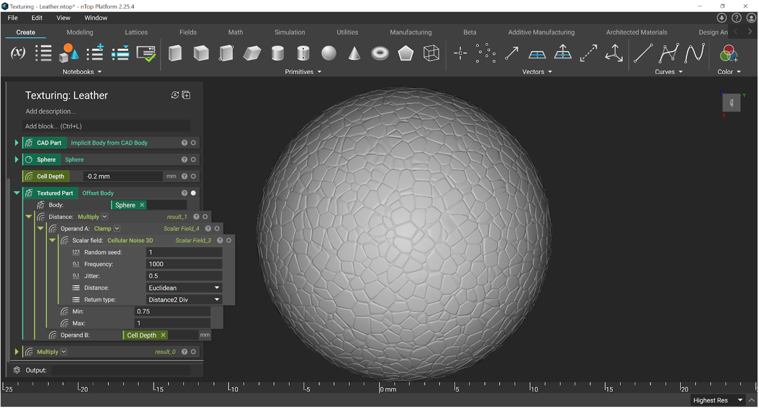 An example of using the Cellular Noise 3D block to create a leather texture.