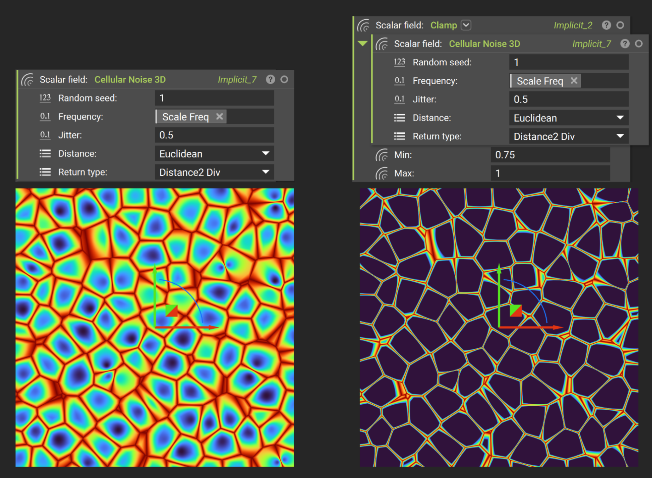 Comparing the field of Cellular Noise 3D block to the same field being nested inside a Clamp block. The Clamp block restricts the values of the field.