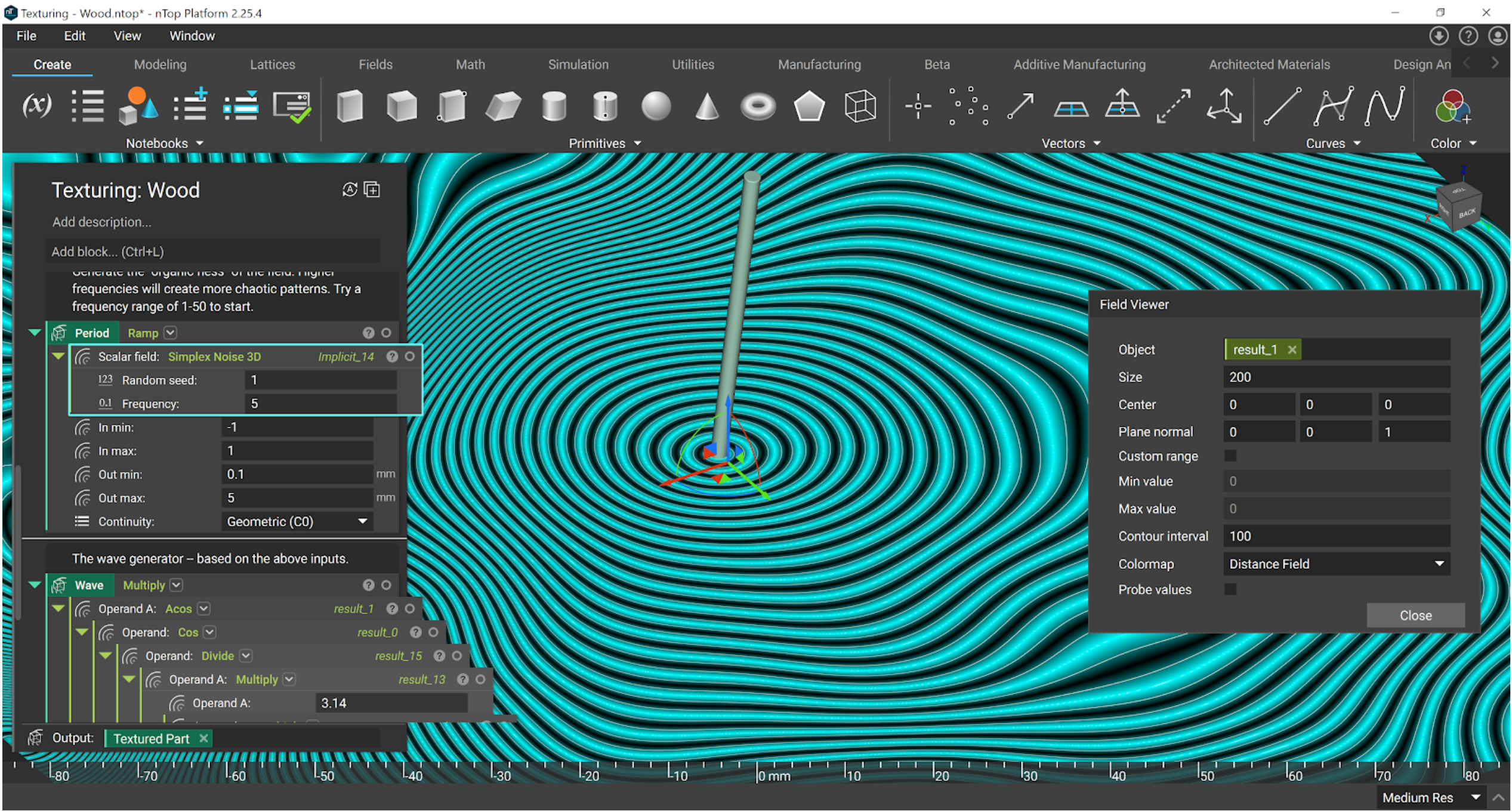 The field view of the Simplex Noise 3D block. The field is simulating wood texture with a Frequency of 5.