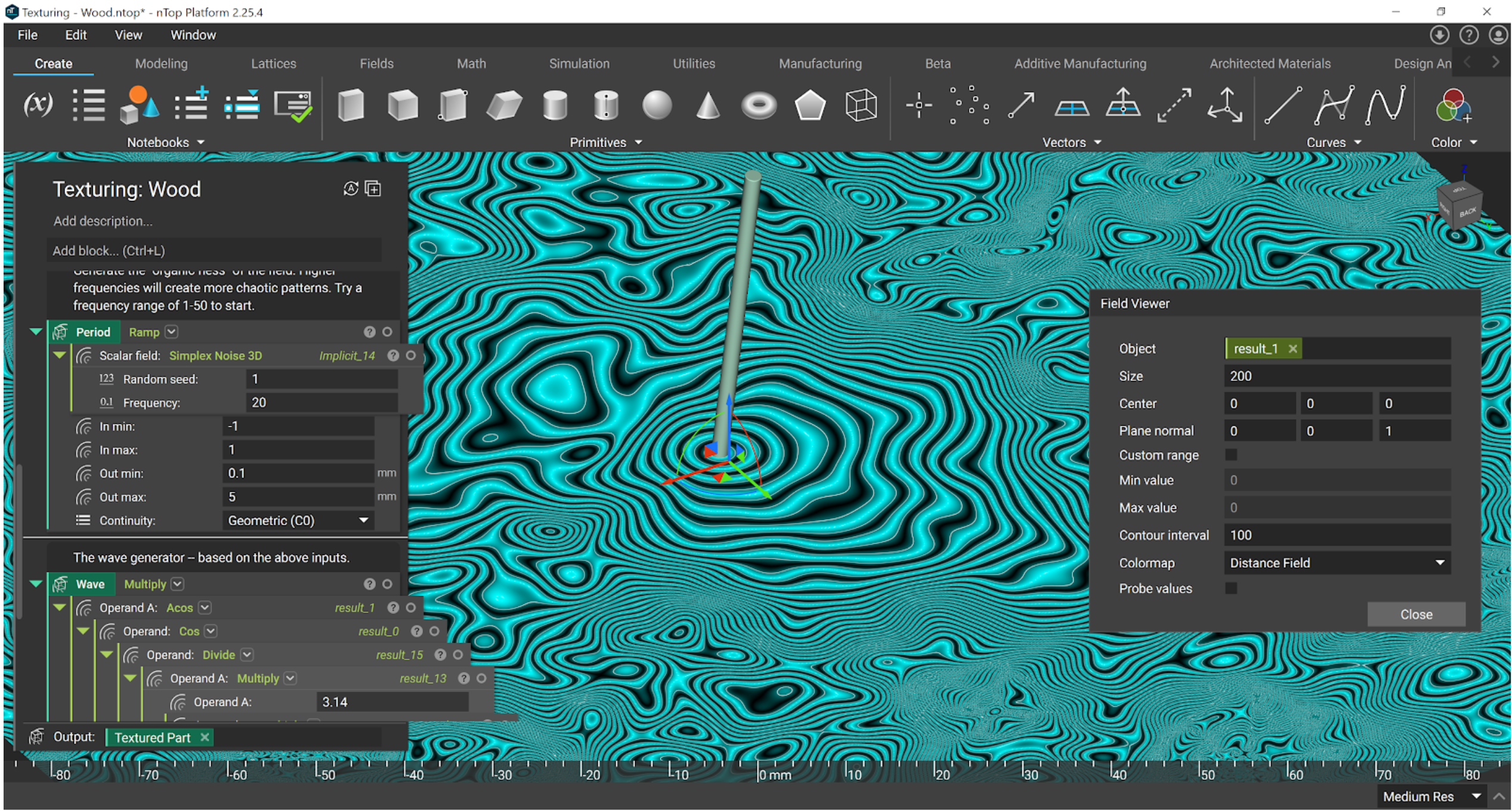 The field view of the Simplex Noise 3D block. The field is simulating wood texture with a Frequency of 20.